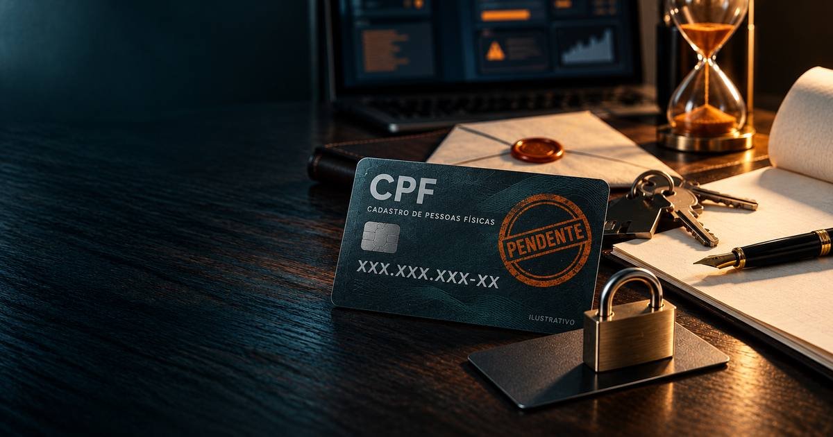 Cartão de identificação com selo âmbar de situação pendente, cadeado sobre cartão bancário, chaves de casa e contrato de financiamento sem assinatura